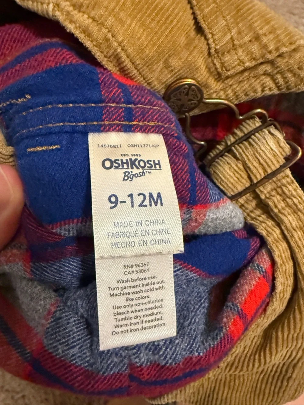 OshKosh B'gosh cognac brown Corduroy Overalls plaid flannel lining